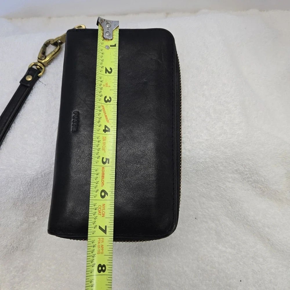 Fossil Leather RFID  Wallet Emma Zip-Round Phone Case Black Cowhide Leather Soft